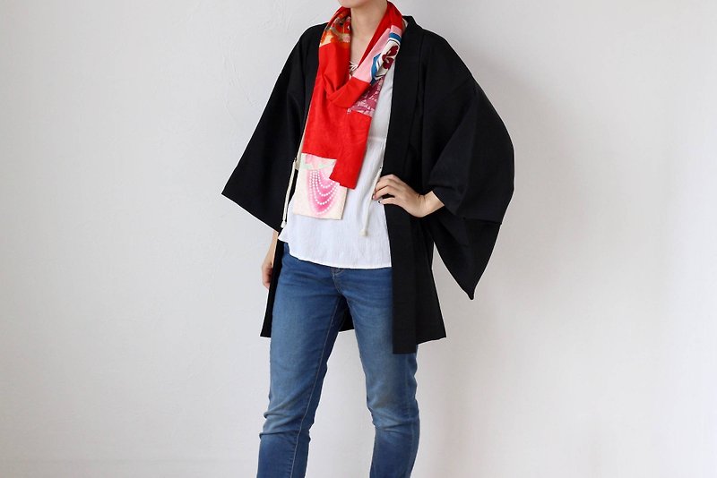 Japanese black TREE kimono, haori, kimono top, kimono jacket /2599 - เสื้อแจ็คเก็ต - ผ้าไหม สีดำ