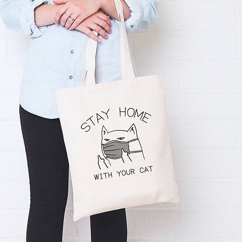 hipster STAY HOME WITH YOUR CAT帆布環保手提購物袋米白 貓咪待在家裡