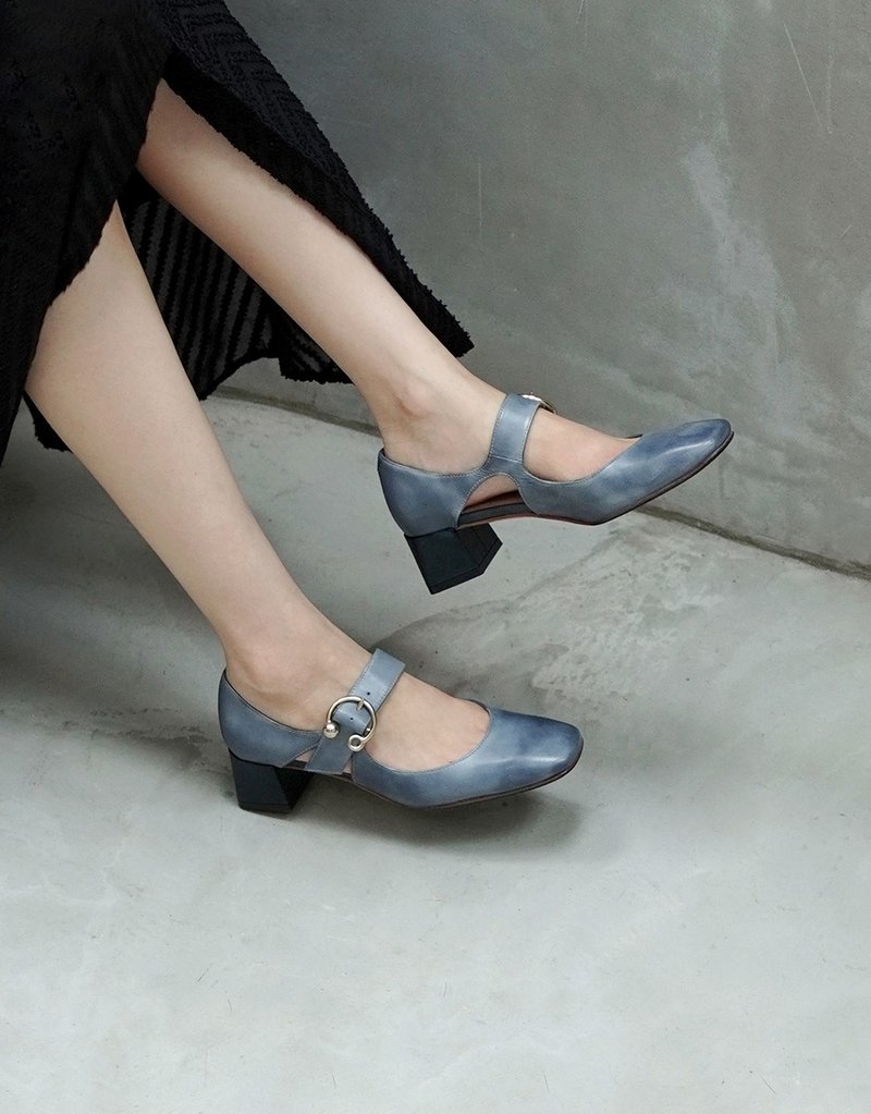 4.6 Buckle Mary Jane Heels - Blue Grey - Women's Leather Shoes - Genuine Leather Blue