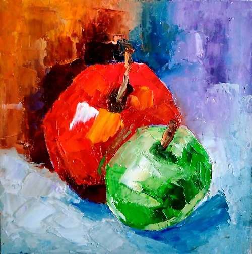 ColoredCatsArt Apples Original Painting, Kitchen Small Still Life, Fruit Wall Art, Food Art