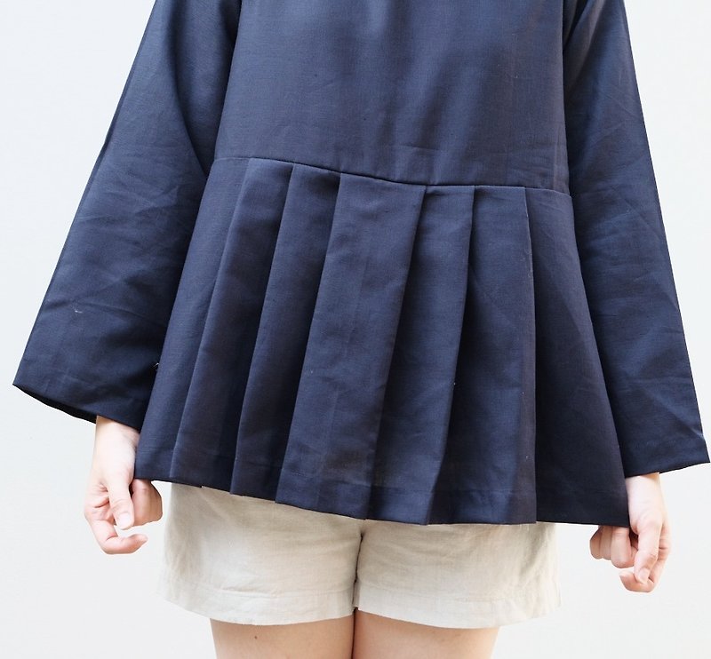 Haruka Top : Japanese Style (Navy Color) - Women's Tops - Cotton & Hemp Blue