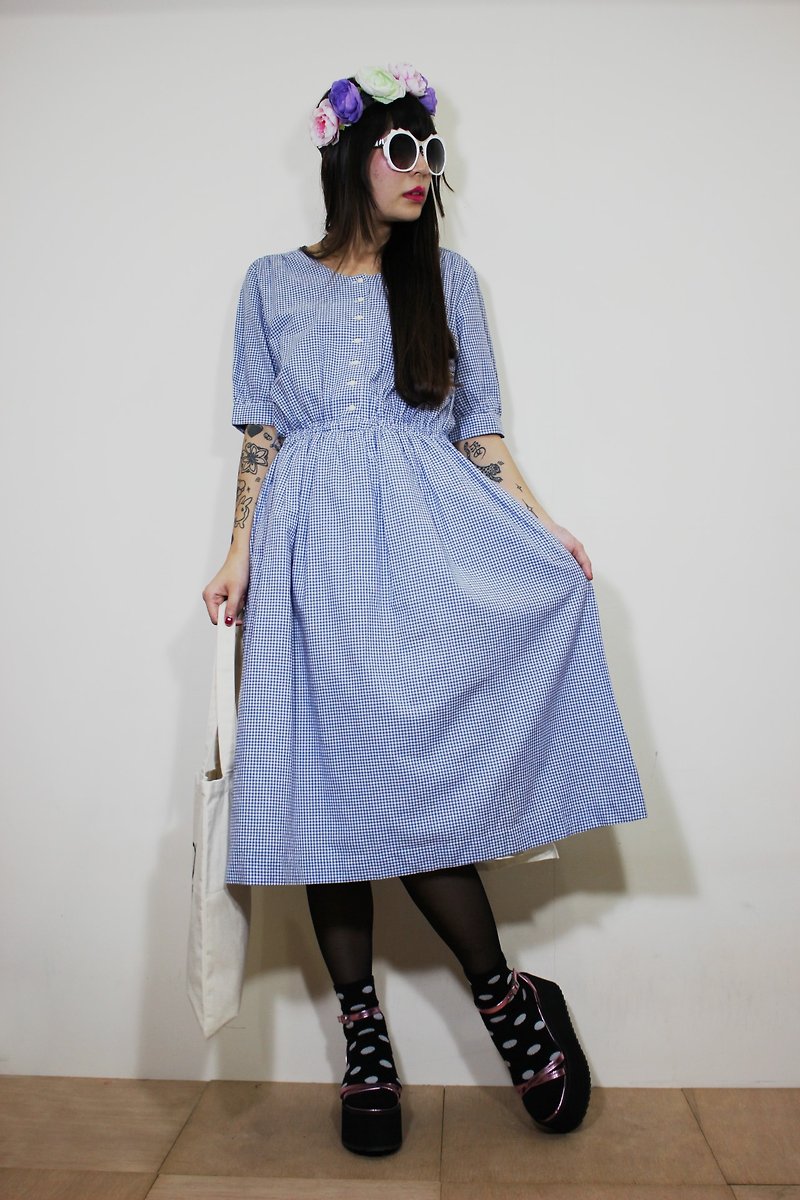 F2105(Vintage)水藍色格紋雙口袋棉質短袖古著洋裝(婚禮/野餐/派對) - 洋裝/連身裙 - 棉．麻 藍色