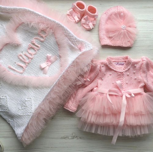 V.I.Angel Hand knit clothing set for baby girl: dress, hat, shoes, blanket with name