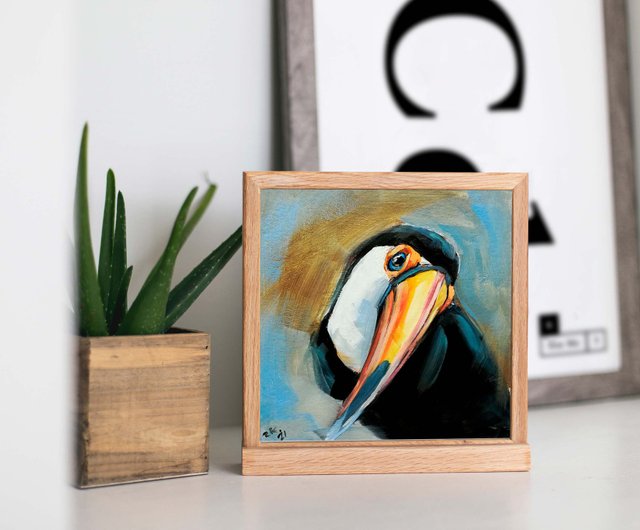 オオハシ鳥の絵画オリジナルの油絵熱帯の鳥のアートワーク