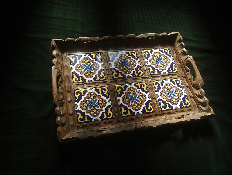 【老時光 OLD-TIME】早期歐洲木雕磁磚托盤 - 擺飾/家飾品 - 其他材質 