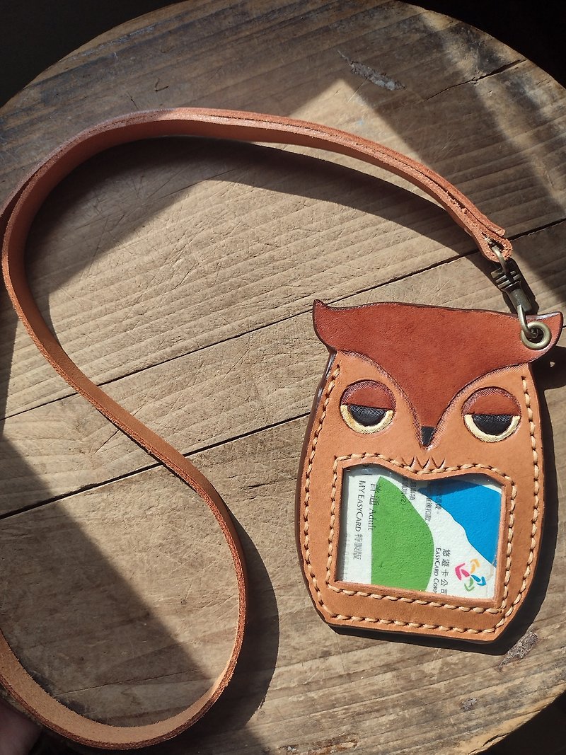 Cuckoo owl pure cowhide identification card / leisure card holder - can be engraved on the back - ที่ใส่บัตรคล้องคอ - หนังแท้ สีนำ้ตาล