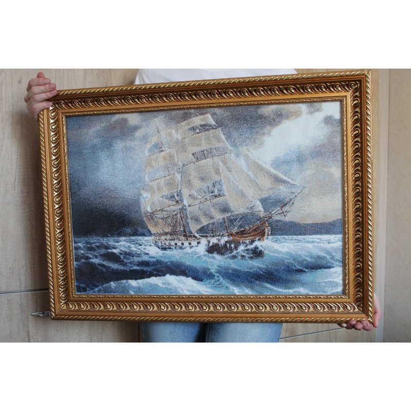 Handmade Blue Seascape Sailboat, Hand Cross Stitched Artwork, Gifts, Home Decor - 壁貼/牆壁裝飾 - 棉．麻 藍色
