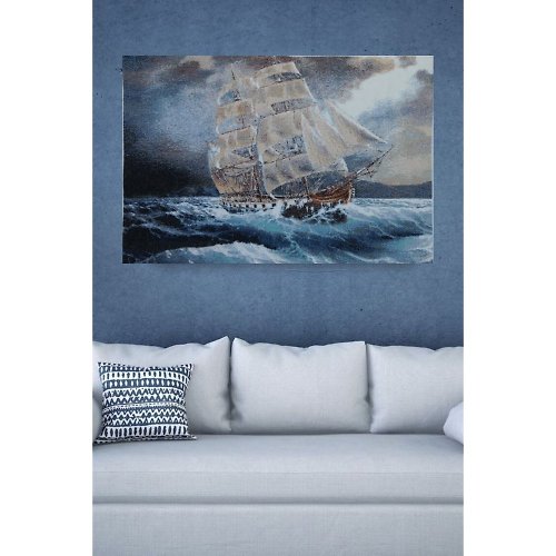 RomanovaCrossStitch Handmade Blue Seascape Thread Painting Canvas Wall Art Picture for Living Room