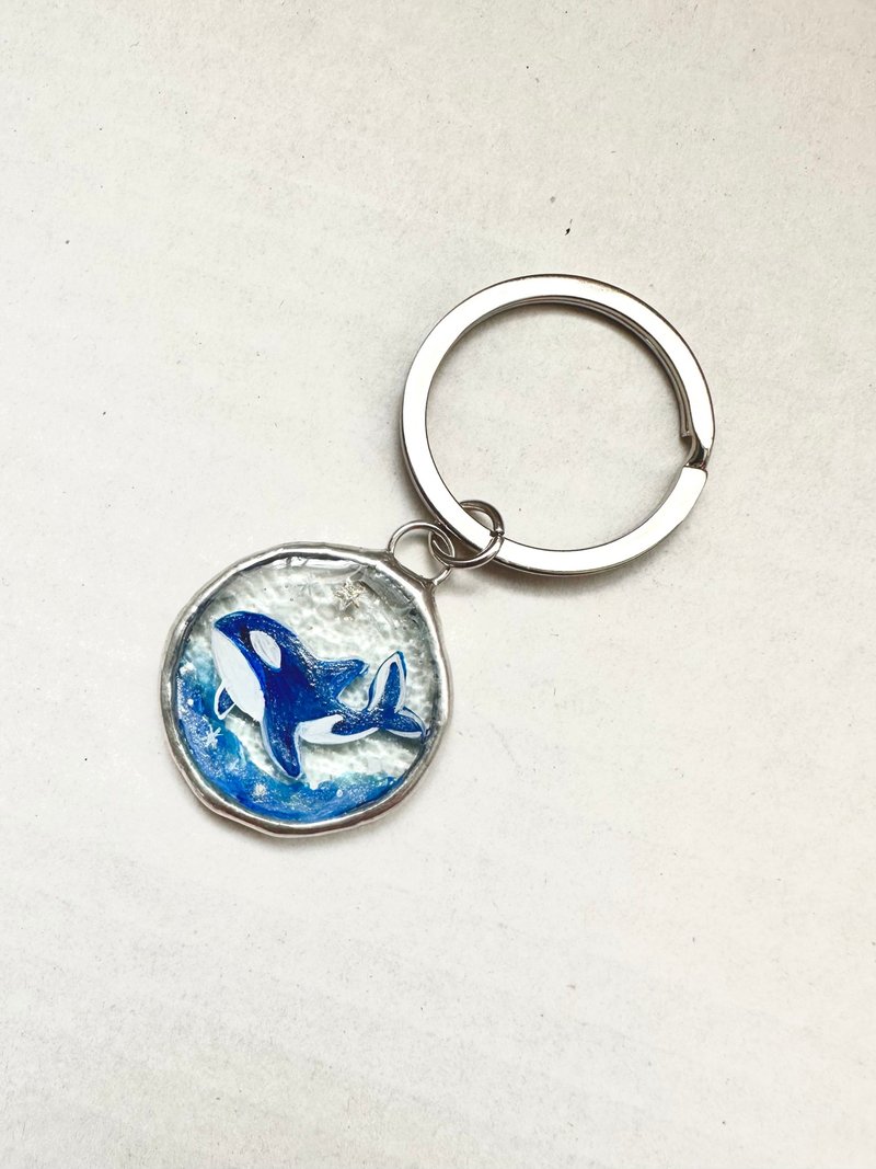 Marine life inlaid glass painted keychain - ที่ห้อยกุญแจ - แก้ว สีน้ำเงิน