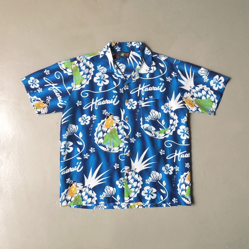 扶桑花女孩印古著夏威夷襯衫 - 女襯衫 - 其他人造纖維 藍色