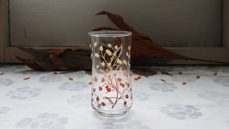 70s進口印花水杯-心葉 (餐具/老件/舊物/玻璃/圖花/LIBBEY) - 玻璃杯 - 玻璃 咖啡色