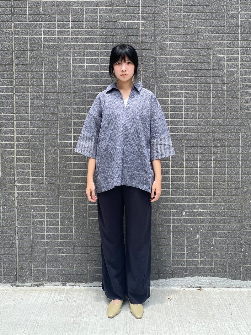 壓線袖口簡單上衣 - 女上衣/長袖上衣 - 棉．麻 藍色
