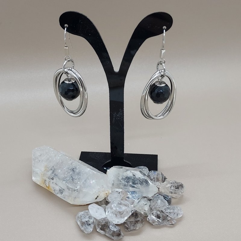 Black Onyx (Cut Faced) with 316L Stainless Steel Earrings - Stylish Style - ต่างหู - เครื่องประดับพลอย 