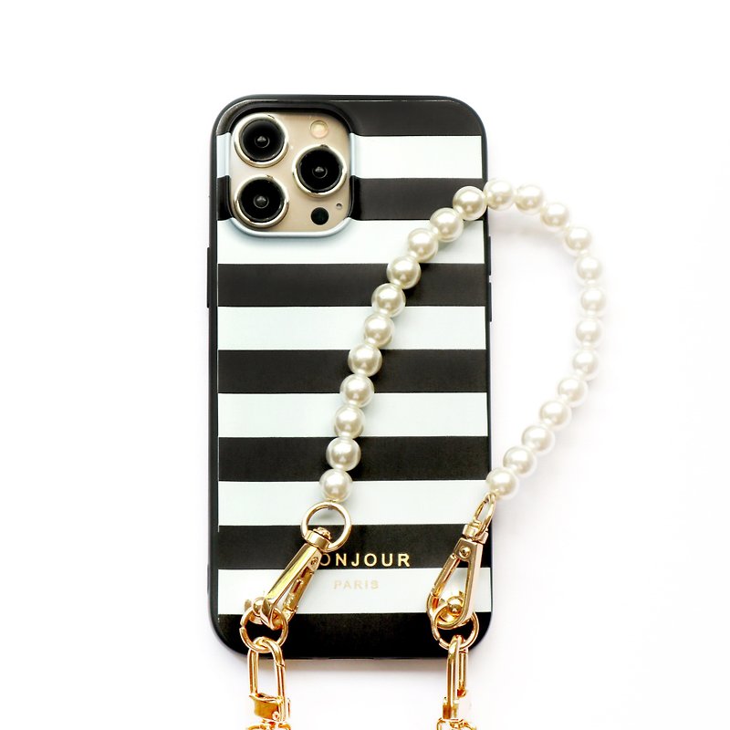 French Black and White Striped Pearl Gold Chain Phone Case - เคส/ซองมือถือ - พลาสติก สีดำ