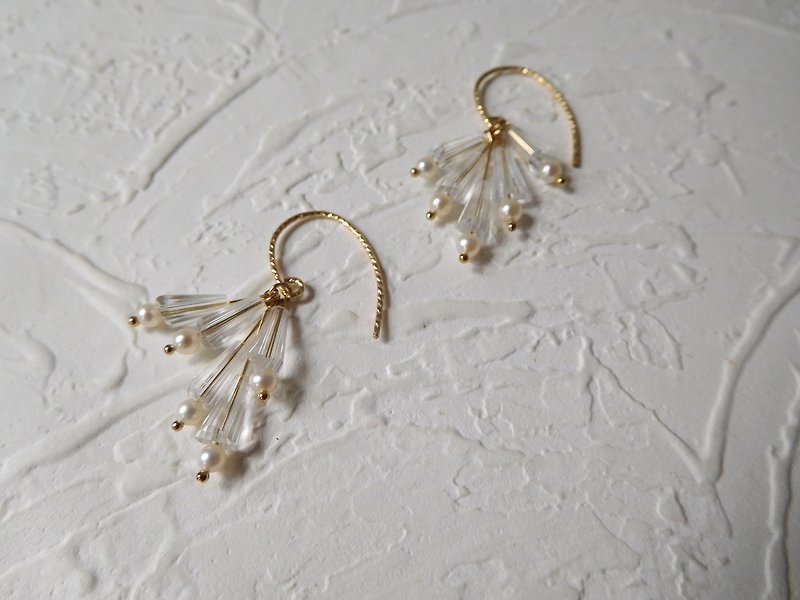 14K gold texture hook type glass crystal round small pearl earrings can be changed - Earrings & Clip-ons - Other Metals White