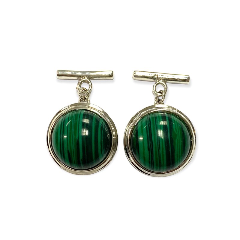 Round Malachite Stone Wedding Cufflinks For Groom 925 Sterling Silver - 袖扣 - 純銀 綠色