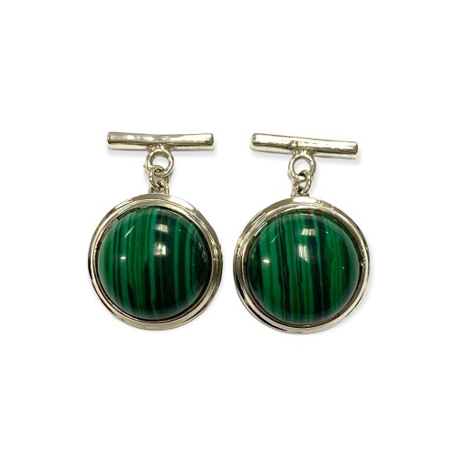alisadesigns Round Malachite Stone Wedding Cufflinks For Groom 925 Sterling Silver