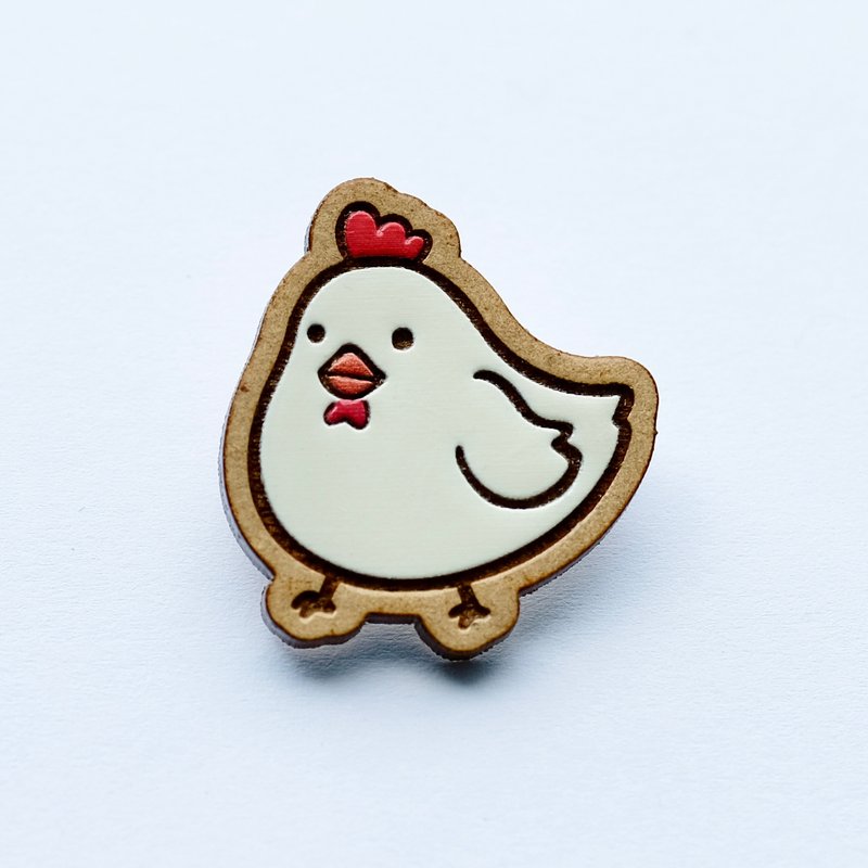 Painted wood brooch -Chicken - เข็มกลัด - ไม้ ขาว