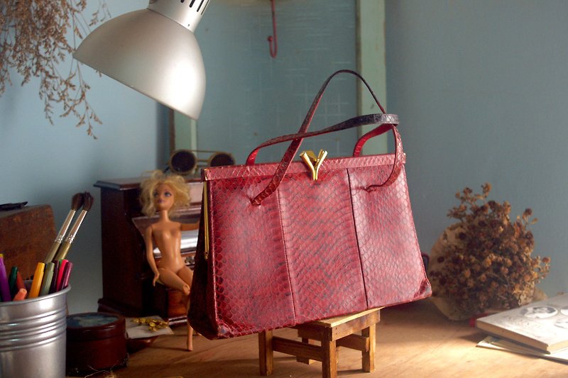 4.5studio-Nordic vintage antique bag - Flame red snakeskin portable hard shell square bag - Handbags & Totes - Genuine Leather Red