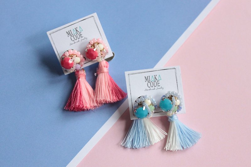Hand-beaded Jewelry with (Coral red+Pink/Sky blue+White)contrast colour Tassel Earrings/Ear-clips - Earrings & Clip-ons - Other Materials Multicolor