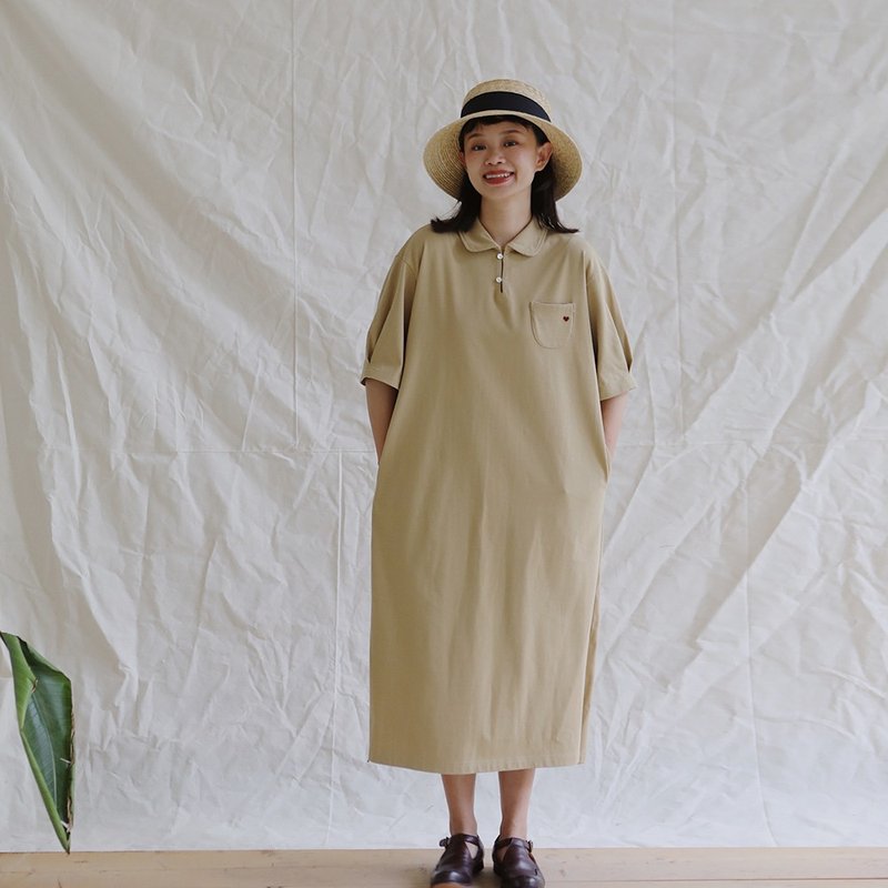 KOOW polo collar college T-shirt dress hand-embroidered heart lapel dress - One Piece Dresses - Cotton & Hemp 