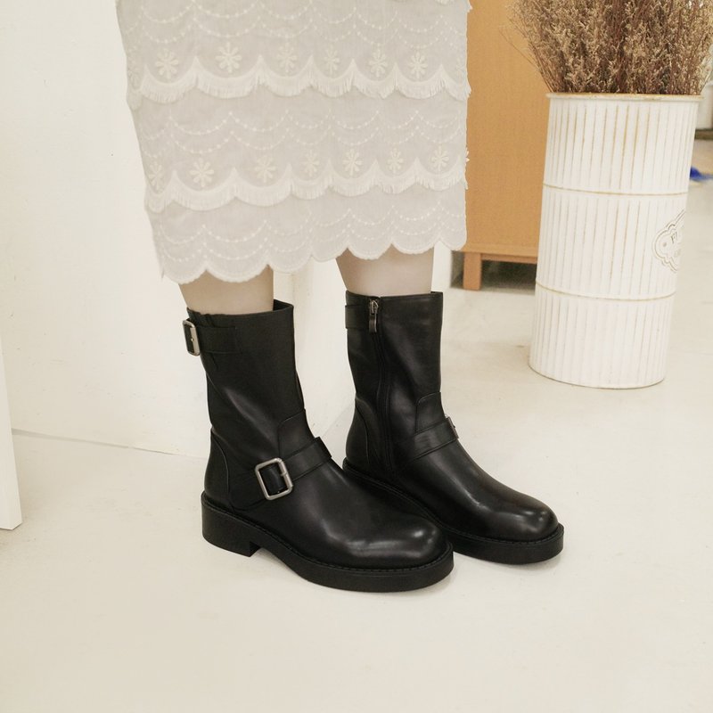 研究室的選品・順腿增高! 胎牛皮厚底中筒靴 全真皮 黑- 黑色 - 女短靴/中筒靴 - 真皮 黑色