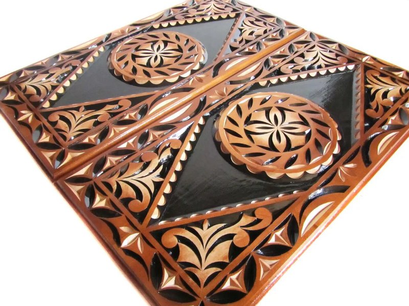 Backgammon Souvenir#14 Handmade Wood Carving Wooden Carved Beautiful Patterns Fa - บอร์ดเกม - ไม้ สีนำ้ตาล