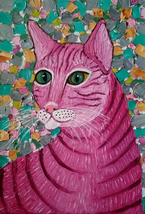 油絵 絵画【猫とピンク薔薇】 1_fb1c75b9cecabd957fd6016a3539