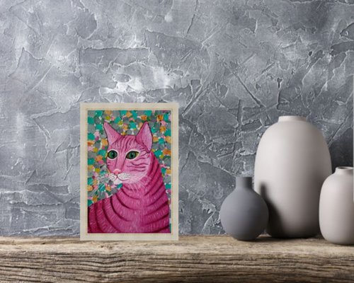 油絵 絵画【猫とピンク薔薇】 猫と薔薇」 by こけを｜Artmeter｜暮らしを彩るアートが、きっと