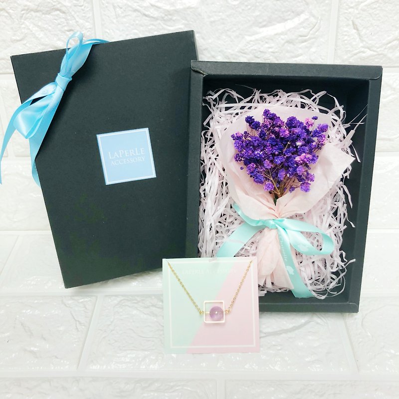 Purple Stone baby Breath Dry Flower Box bouquet Necklace  Birthday Bridesmaid  - สร้อยข้อมือ - โลหะ สีม่วง