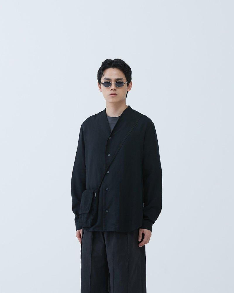 和式簡約V領襯衫 Oriental V-Neck Shirt - 男襯衫/休閒襯衫 - 棉．麻 黑色