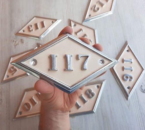 RetroRussia Address door sign 117 number plaque - metal rhomb apartment number plate beige