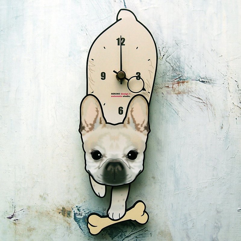 D-174 French bulldog (white) - Pet's pendulum clock - นาฬิกา - ไม้ 