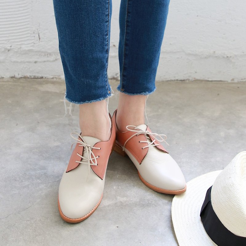 Classic leather strap derby shoes / pink x white / handmade / C2-18715L - Women's Leather Shoes - Genuine Leather 
