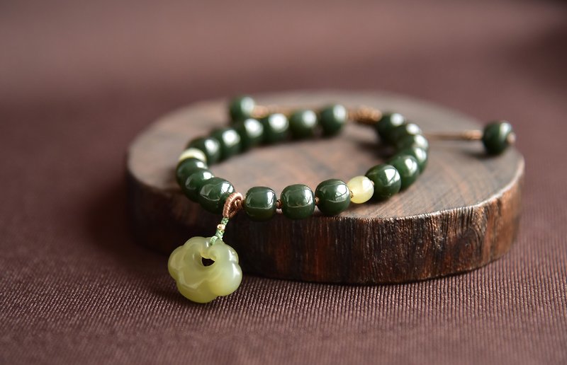 [Xun Ruyi] Natural Hetian jade Qinghai material dark lake green old-style bead bracelet - สร้อยข้อมือ - หยก สีเขียว