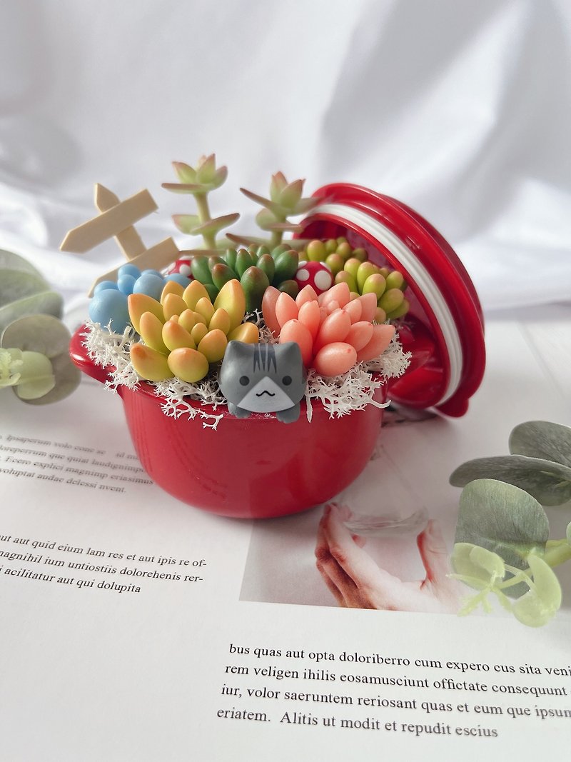 Cat Lunch Box Clay Succulent Potted Plant - ตกแต่งต้นไม้ - ดินเหนียว 
