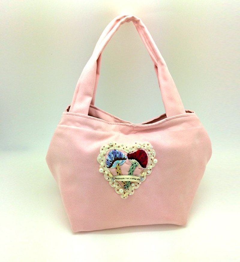 sakura pink-愛心蕈菇麂皮手提袋/午餐袋 - 手提包/手提袋 - 其他材質 粉紅色