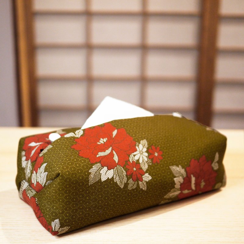 Have A Nice Day [All-in-one] Tissue Cover (Button Type) Olive Green Ancient Safflower - กล่องทิชชู่ - ผ้าฝ้าย/ผ้าลินิน สีกากี