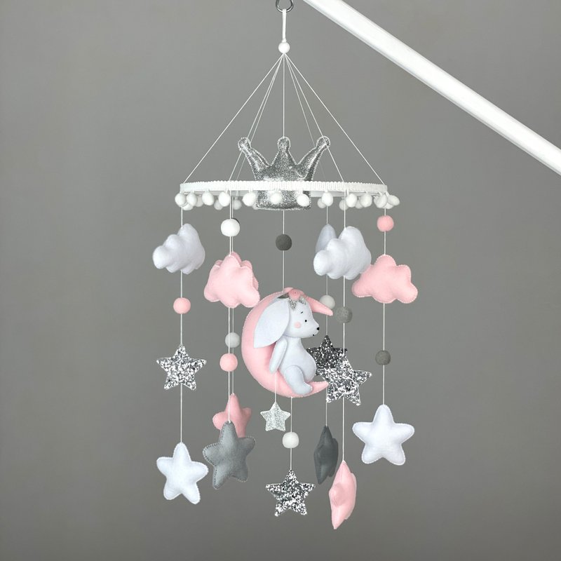 Nursery mobile girl Bunny baby mobile crib Felt handmade mobile Baby shower gift - 寶寶/兒童玩具/玩偶 - 其他材質 粉紅色