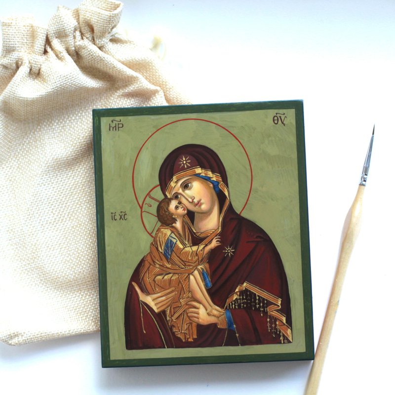 hand painted orthodox christian Virgin Mary icon Mother of God Donskaya - Other - Wood Green