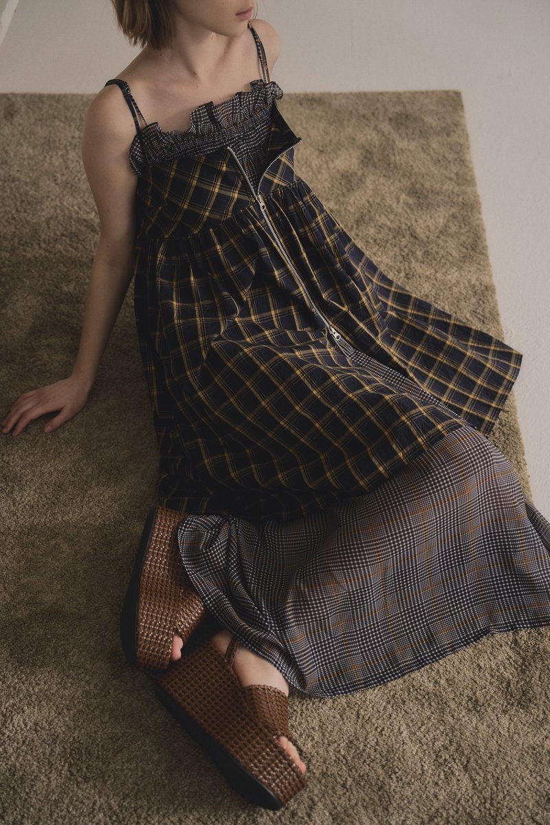 plaid pocket dress 格紋抽皺口袋洋裝 navy+yellow 藍+黃 - 洋裝/連身裙 - 聚酯纖維 多色