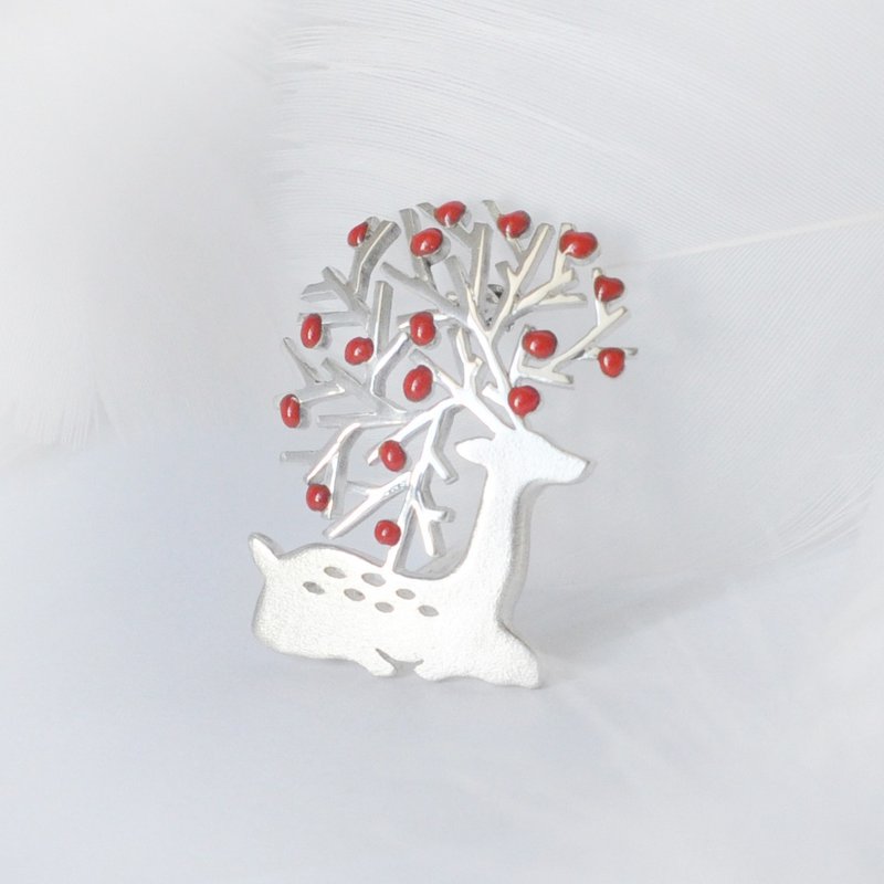 小川の鹿 / 925スターリングシルバー エナメルブローチ - 彼女への贈り物 - ブローチ - スターリングシルバー レッド