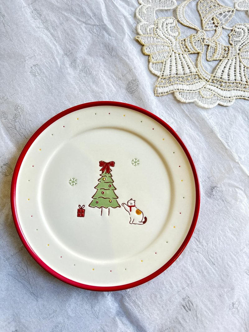 【好日戀物】韓國聖誕樹禮物小花貓餐盤耶誕節禮物儀式感感恩節日 - 盤子/餐盤/盤架 - 瓷 紅色