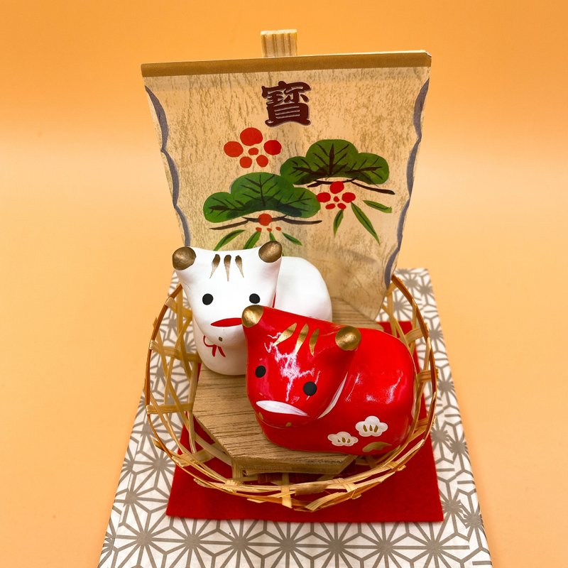 【招福干支】開運干支 生肖牛 緣起物 紅牛配白牛 - 擺飾/家飾品 - 紙 多色