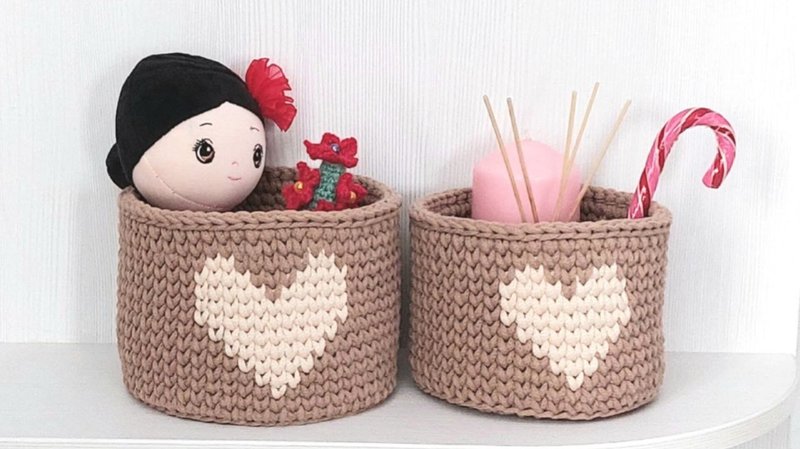 Nursery room cotton baskets for toys Valentin Day present with hearts - Baby Gift Sets - Cotton & Hemp Khaki