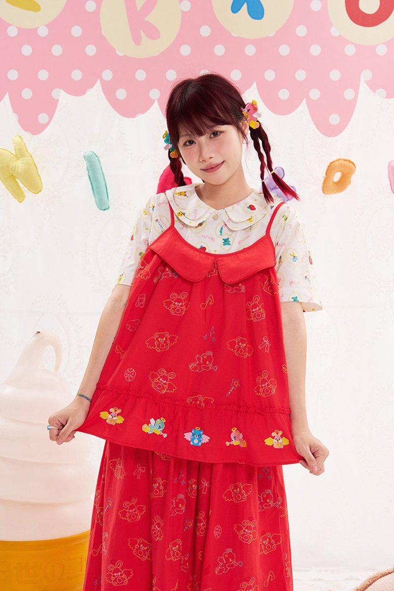 動物天使重工刺繡紅色吊帶上衣 肩帶可調節可愛少女 - 女上衣/長袖上衣 - 棉．麻 多色
