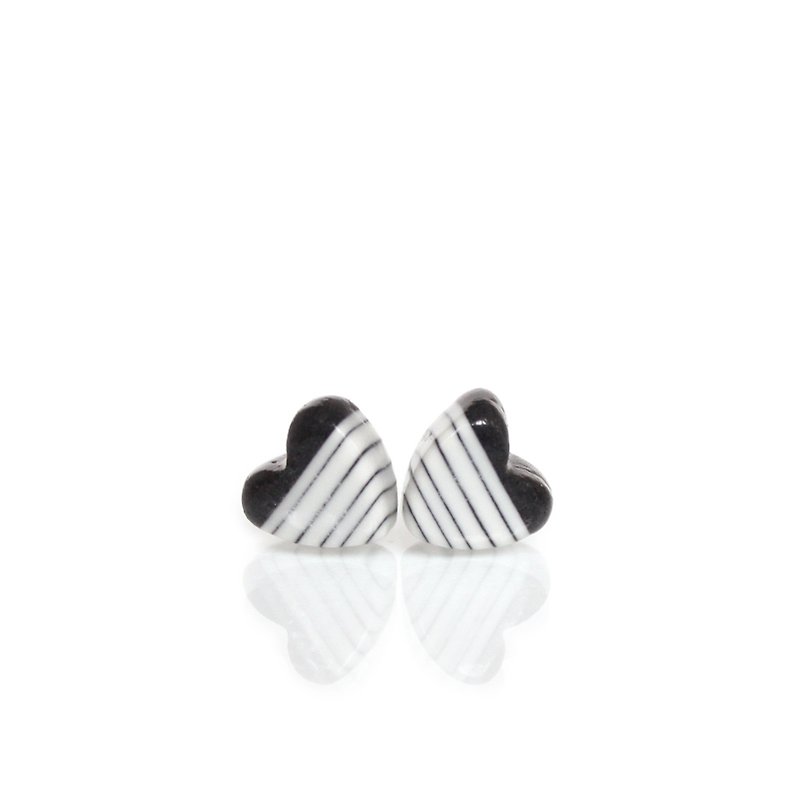 Steel needle ceramic earrings black heart earrings horizontal line earrings fired at 1280 degrees Celsius - ต่างหู - เครื่องลายคราม สีดำ
