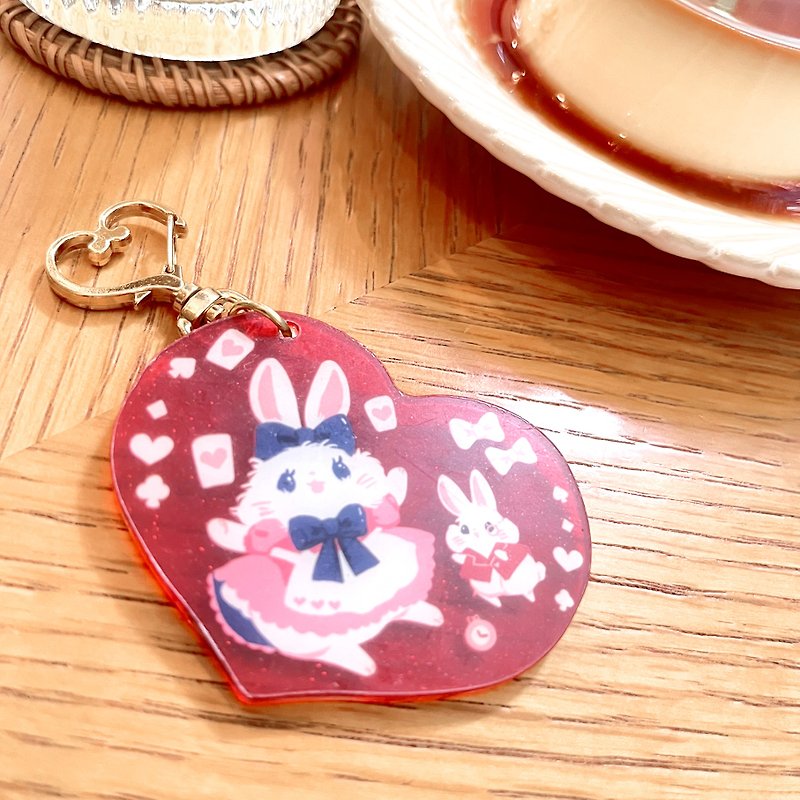 Glitter Heart Alice Bunny Acrylic Keychain - Keychains - Plastic Pink