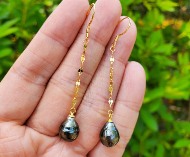 Massive Dark Green Tahitian, Genuine online South Sea Peacock Baroque Pearl, Lacing Huggies Latch Back Dangle Sterling Silver Earrings, Unique gift