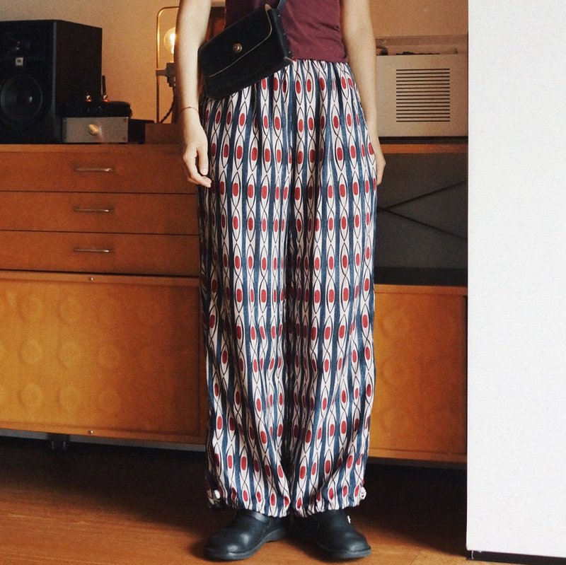 Red and blue geometric unisex summer drawstring pants straight pants 24 momme silk spun - กางเกงขายาว - ผ้าไหม สีน้ำเงิน